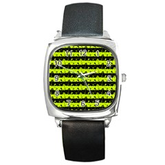 Slime Green And Black Halloween Nightmare Stripes  Square Metal Watch by PodArtist