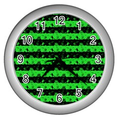 Monster Green And Black Halloween Nightmare Stripes  Wall Clock (silver) by PodArtist