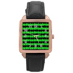 Monster Green And Black Halloween Nightmare Stripes  Rose Gold Leather Watch  by PodArtist