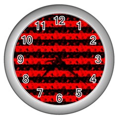 Red Devil And Black Halloween Nightmare Stripes  Wall Clock (silver) by PodArtist