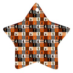 Witches, Monsters And Ghosts Halloween Orange And Black Patchwork Quilt Squares Ornament (star) by PodArtist