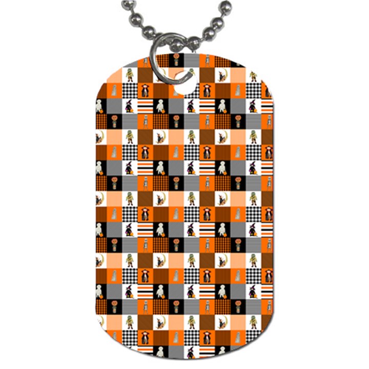 Witches, Monsters and Ghosts Halloween Orange and Black Patchwork Quilt Squares Dog Tag (One Side)