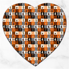 Witches, Monsters And Ghosts Halloween Orange And Black Patchwork Quilt Squares Jigsaw Puzzle (heart) by PodArtist