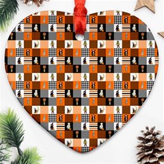 Witches, Monsters And Ghosts Halloween Orange And Black Patchwork Quilt Squares Heart Ornament (two Sides) by PodArtist