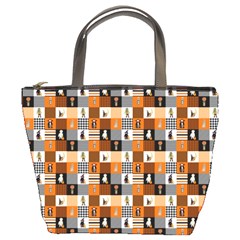 Witches, Monsters And Ghosts Halloween Orange And Black Patchwork Quilt Squares Bucket Bag by PodArtist