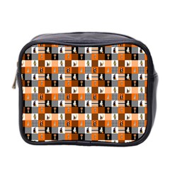 Witches, Monsters And Ghosts Halloween Orange And Black Patchwork Quilt Squares Mini Toiletries Bag (two Sides) by PodArtist