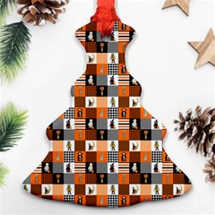 Witches, Monsters And Ghosts Halloween Orange And Black Patchwork Quilt Squares Ornament (christmas Tree)  by PodArtist