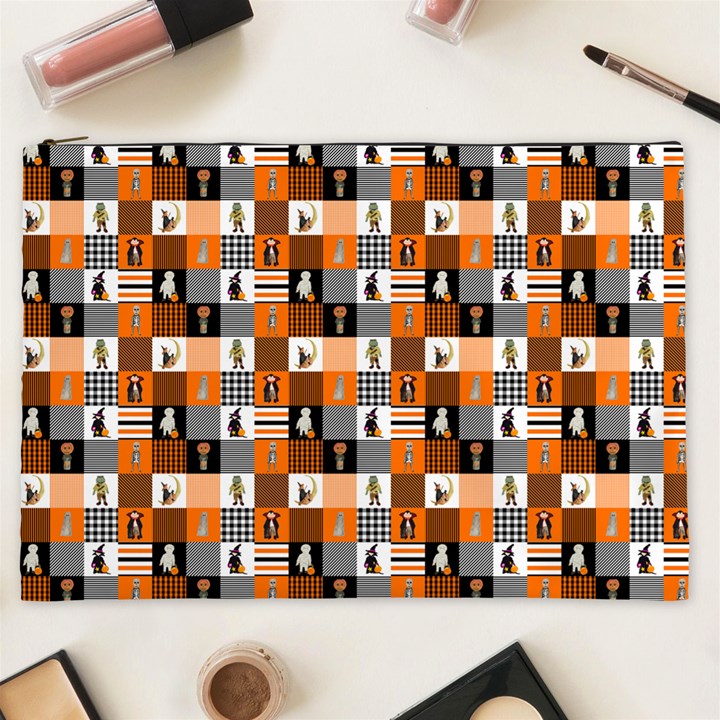 Witches, Monsters and Ghosts Halloween Orange and Black Patchwork Quilt Squares Cosmetic Bag (XXL)