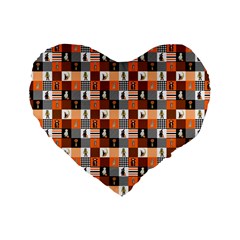 Witches, Monsters And Ghosts Halloween Orange And Black Patchwork Quilt Squares Standard 16  Premium Heart Shape Cushions by PodArtist