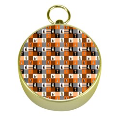 Witches, Monsters And Ghosts Halloween Orange And Black Patchwork Quilt Squares Gold Compasses by PodArtist