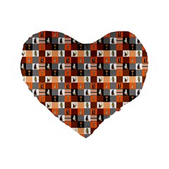 Witches, Monsters And Ghosts Halloween Orange And Black Patchwork Quilt Squares Standard 16  Premium Flano Heart Shape Cushions by PodArtist