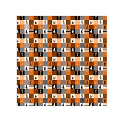 Witches, Monsters And Ghosts Halloween Orange And Black Patchwork Quilt Squares Small Satin Scarf (square) by PodArtist