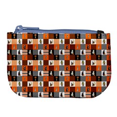 Witches, Monsters And Ghosts Halloween Orange And Black Patchwork Quilt Squares Large Coin Purse by PodArtist