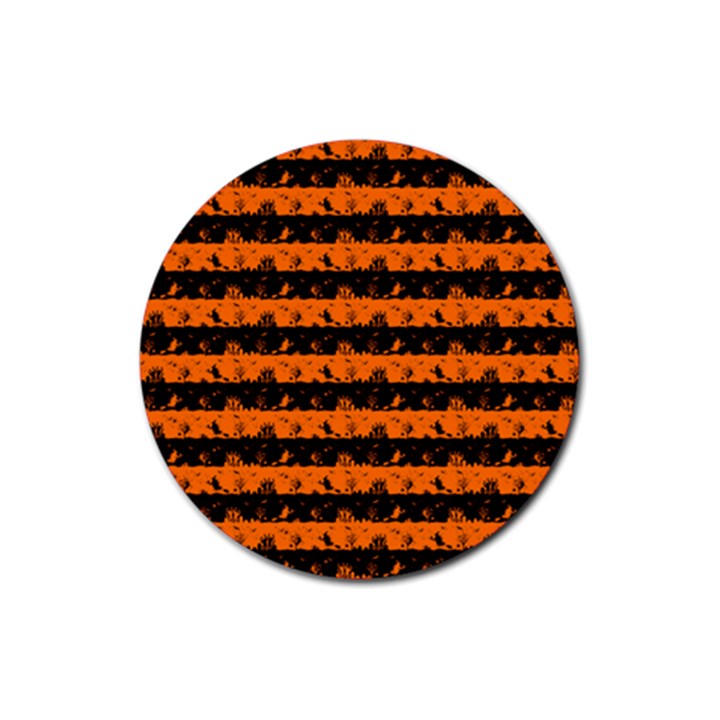 Dark Pumpkin Orange and Black Halloween Nightmare Stripes  Rubber Coaster (Round) 