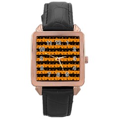 Pale Pumpkin Orange And Black Halloween Nightmare Stripes  Rose Gold Leather Watch  by PodArtist