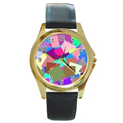 Colorful Squares                                                  Round Gold Metal Watch by LalyLauraFLM