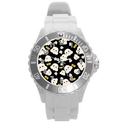 Cute Kawaii Popcorn Pattern Round Plastic Sport Watch (l) by Valentinaart