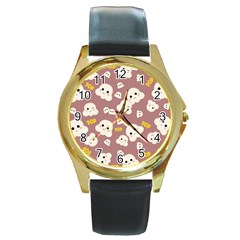 Cute Kawaii Popcorn Pattern Round Gold Metal Watch by Valentinaart