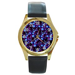 Purple Blue  Roses Round Gold Metal Watch by snowwhitegirl