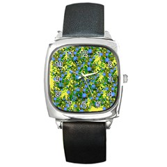 Blue Luminescent Roses Yellow Square Metal Watch