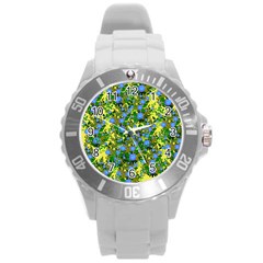 Blue Luminescent Roses Yellow Round Plastic Sport Watch (l) by snowwhitegirl