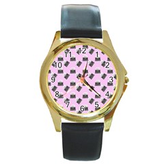 Retro Typewriter Pink Pattern Round Gold Metal Watch by snowwhitegirl