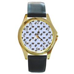 Retro Typewriter Blue Pattern Round Gold Metal Watch by snowwhitegirl