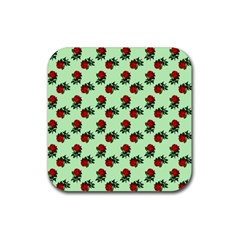 Red Roses Green Rubber Coaster (square)  by snowwhitegirl