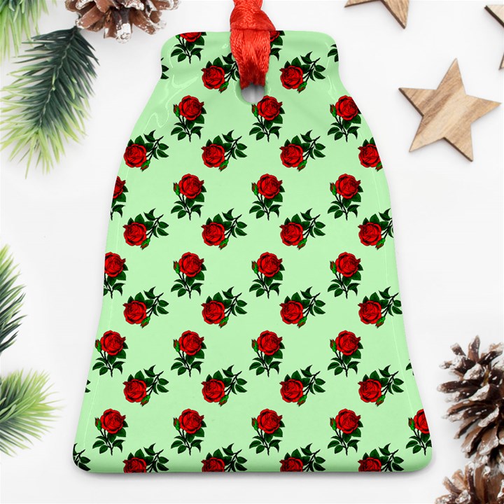 Red Roses Green Bell Ornament (Two Sides)