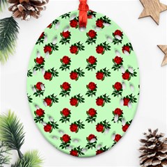 Red Roses Green Ornament (oval Filigree) by snowwhitegirl