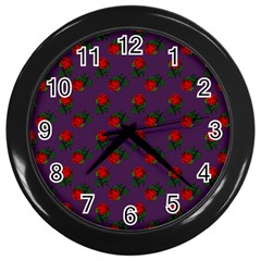 Red Roses Purple Wall Clock (black) by snowwhitegirl