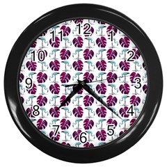 Flamingo Leaf Patttern Blue Wall Clock (black) by snowwhitegirl