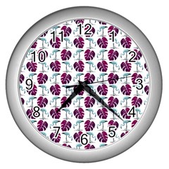 Flamingo Leaf Patttern Blue Wall Clock (silver) by snowwhitegirl