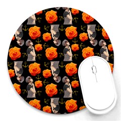 Girl With Roses And Anchors Black Round Mousepads