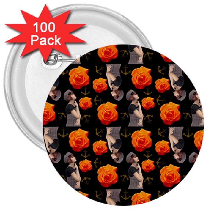 Girl With Roses And Anchors Black 3  Buttons (100 pack) 