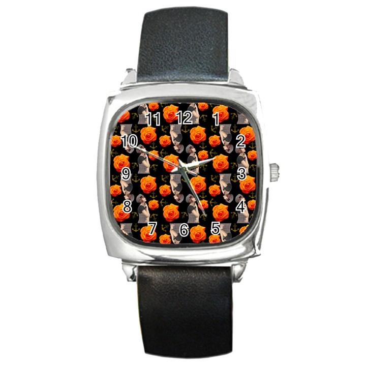 Girl With Roses And Anchors Black Square Metal Watch