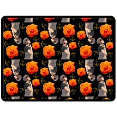 Girl With Roses And Anchors Black Fleece Blanket (Large) 