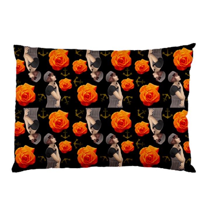 Girl With Roses And Anchors Black Pillow Case (Two Sides)