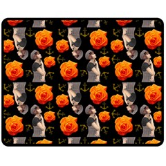 Girl With Roses And Anchors Black Double Sided Fleece Blanket (Medium) 