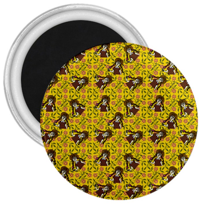 Girl With Popsicle Yellow Floral 3  Magnets