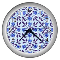 Blue Dot Floral Wall Clock (silver) by snowwhitegirl