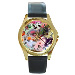 Pattern Patchwork Round Gold Metal Watch by snowwhitegirl