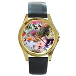 Pattern Patchwork Round Gold Metal Watch Front