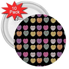 Valentine Hearts Black 3  Buttons (10 Pack)  by snowwhitegirl