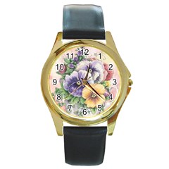 Lowers Pansy Round Gold Metal Watch