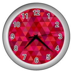 Maroon Dark Red Triangle Mosaic Wall Clock (silver) by Sapixe