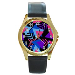 Memphis Pattern Geometric Abstract Round Gold Metal Watch by Sapixe