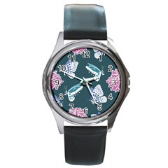 Butterfly Pattern Dead Death Rose Round Metal Watch by Sapixe