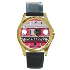 Pink Cassette Round Gold Metal Watch by vintage2030