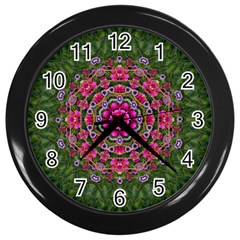 Fantasy Floral Wreath In The Green Summer  Leaves Wall Clock (black) by pepitasart